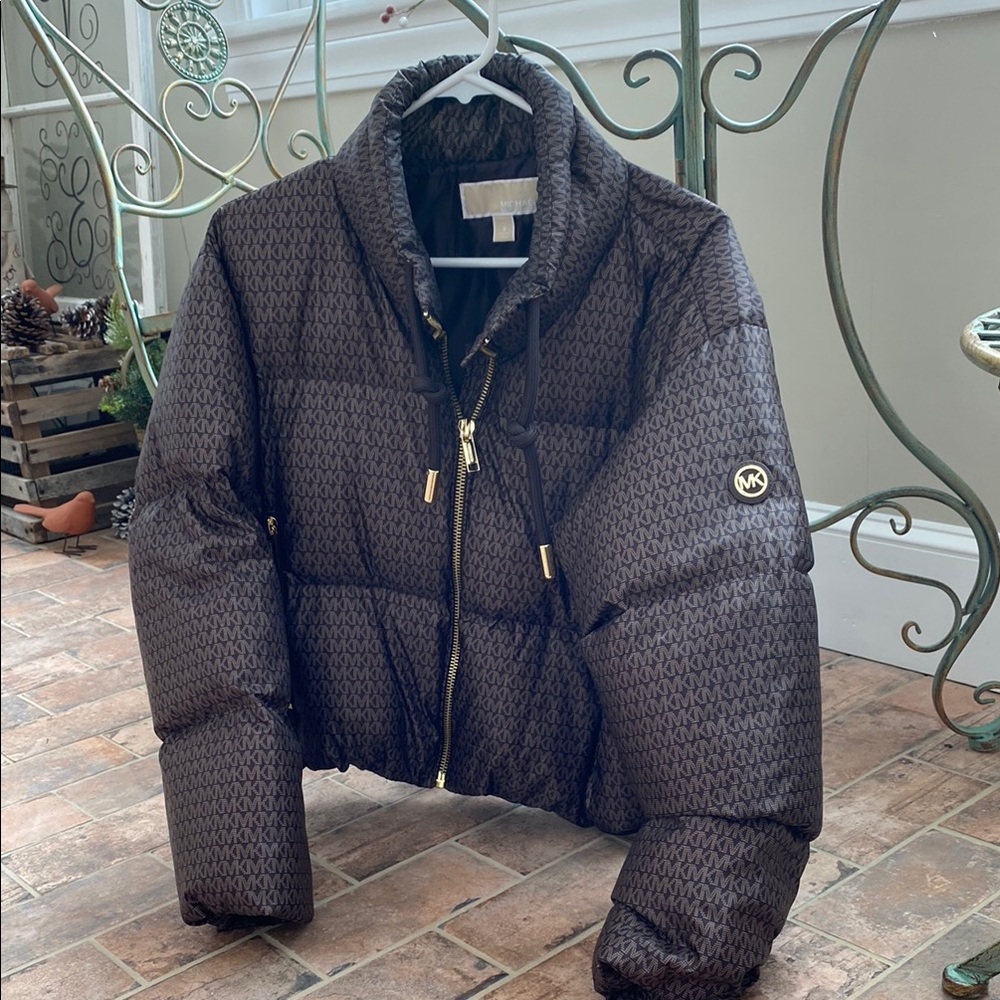 Michael Kors Quilted Brown Puffer Coat with Stand-Up Collar